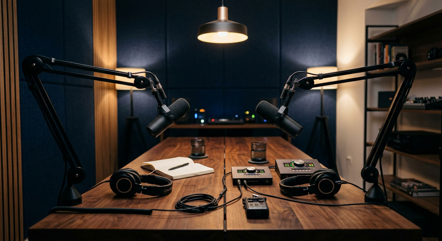 Two microphones on a desk in a quiet recording studio